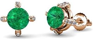 Round Cut Created Emerald &amp; White Sapphire Stud Earrings 14k Rose Gold Plated