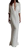 WANGSCANIS Women Long Sleeve Solid Cotton Linen Split Casual Maxi Shirt Dress