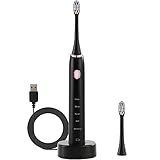 Sonic Electric Toothbrush, Adult Electric Toothbrush with Holder and 2 Replacement Heads, Wireless Inductive Charging, Smart Timer, 5 Modes, IPX7 Waterproof, Black