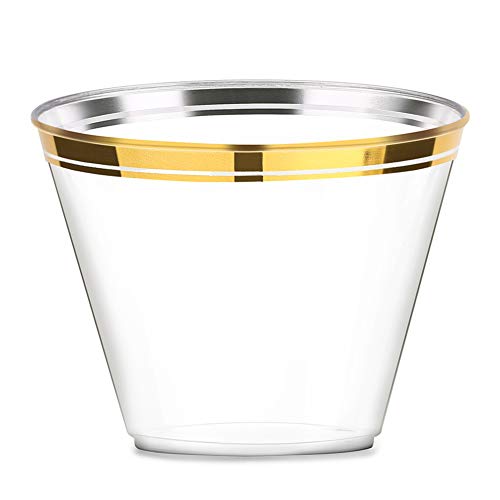 Gold Party Plastic Cups, Mokaloo 9oz Clear Disposable Plastic Cups With Gold Rim Perfect for Parties Weddings Graduation Birthday (100 pcs) - Thumbnail 7