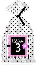 CakeSupplyShop Item#PGB-003 Happy 3rd Birthday Pink w. Black Polka Dot Party Favor Bags with Ties -12pk