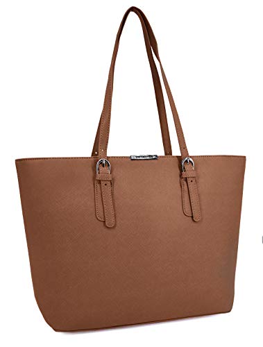 David Jones - Women's Large Handbag - Tote Bag Shopper PU Leather - Shoulder Bag Work Shopping Large Capacity Leather - Long Handle Shopping Bag - School Student Fashion - Camel Brown
