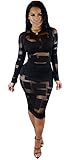Womens Sexy Long Sleeve Mesh Splice Nude Illusion See Through Clubwear Mini Dress