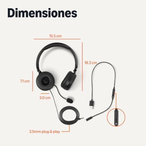 , auriculares supraaurales con cable, micrófono ajustable, conexión de 3,5 mm, control por cable con USB-A, plegables, para oficina, teléfono inteligente, computadora portátil, negros