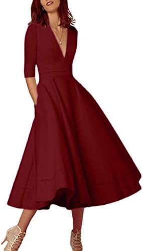 BOFETA Women Deep V Neck Elegant Pleated Dress Flare Party Cocktail Vintage Dresses