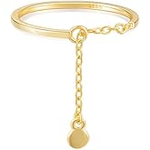 OIDIMS Dangling Charm Round Coin Sterling Silver Ring for Women Tassel Chain Adjustable Sackable Finger Band Link Chain Statment Ring Engagement Promise Rings Fashion Wedding Party Jewelry Gift