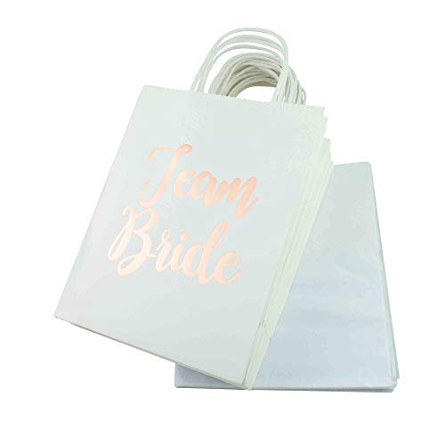FOONEA Bridesmaid Gift Bag with Tissue Paper, 15 Pack Team Bride White Paper Bag for Bachelorette Party Favors, Bridal Party Bags, Rose Gold Gift Bags, Large Favor Bags, 10.63 x 8.27 x 4.33 inch