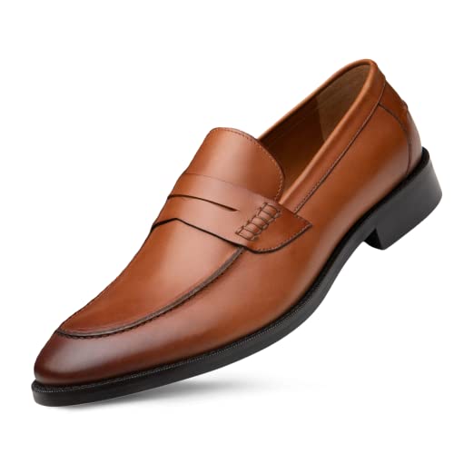 Dunross & Sons Men's Formal Leather Upper, Leather Lined Dress Loafers Shoes. Lewis Cognac Brown Penny Loafer for Men Shoes.