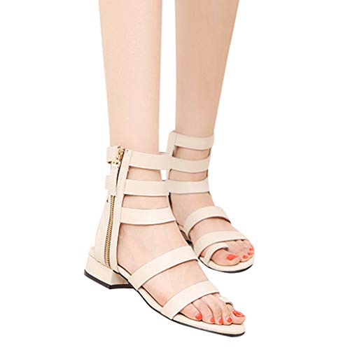 Vibola Women's Gladiator Sandals Buckle Ankle Strap,Peep Toe Zipper Closed Chunky Heeled Hiking Gardening Walking Shoes Beige