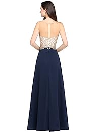 MisShow - Vestido largo de encaje dorado con diamantes de imitación, cuello redondo