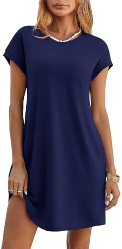 Ladiyo Women T Shirt Dress Summer Fashion Mini Crew Neck Short Sleeve Solid  Color Casual Dresses with Pocket at Amazon Women's Clothing store