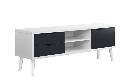 Sofamania Mid-Century Style TV Stand, Living Room Entertainment Center (White/Dark Grey)