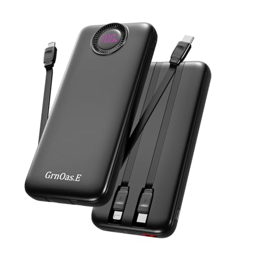 GrnOas.E Powerbank, 10.000 mAh, 22,5 W max. tragbares Ladegerät, eingebaute Kabel, 4 Ausgänge, 2 Eingänge, externe Handy-Powerbank, 5 V/3 A, Schnellla