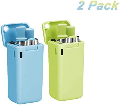 Collapsible Reusable Straw, Stainless Steel Drinking Straws with Hard Case for Party Travel Outdoor collapsible straws 2 Pack (Blue & Green)