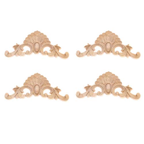 MUXSAM 4Pcs Wood Carved Applique Decorative Mouldings Wooden Corner Onlay Frame Flower Pattern Woodcarving Decal for Furniture Home Door Cabinet 14x6.5cm
