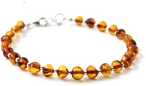 Baltic Amber Adult Bracelet with Sterling Silver 925-8 inches (20 cm) - Polished Cognac Beads (8 inches, Cognac)