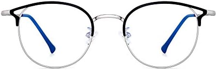 Designer Blue Light Blocking Computer Glasses Metal Round Cateye Eyeglasses for Women Reduce Eye Strain Black Silver