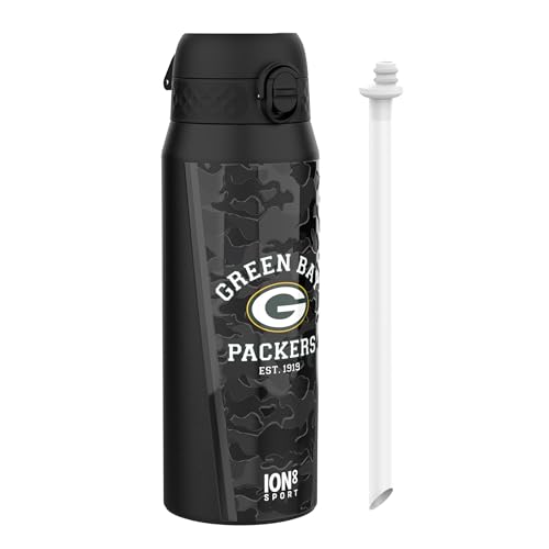ion8 NFL Green Bay Packers Trinkflasche Mit Herausnehmbarem Strohhalm, 750ml/24oz, Auslaufsichere Isolierflasche, Leicht Zu Öffnen, Sicherer Verschluss, Spülmaschinenfest, Klappdeckel, Metallflasche