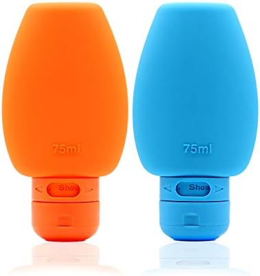 Silicone Travel Bottles for Shampoo, Reusable Cosmetic Containers, Small Refillable Bottles for Toiletries, Leakproof with Content Labels on Neck, Easy to Fill and Clean. 75ml, 2 Pack (Orange/Blue)