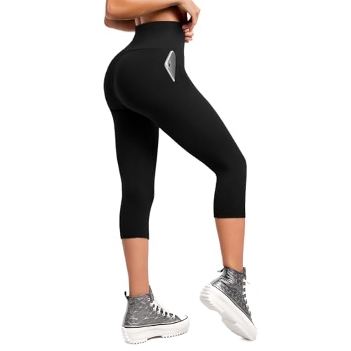 Walifrey High Waisted Capri Leggings for Women UK with Pockets ，3/4 Length Opaque Gym Leggings for Yoga Workout