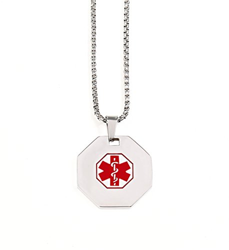 BAIYI Medical Alert ID Necklace Stainless Steel Dog Tag Octagon Pendant Chain 20in for Men Women Free Engraving