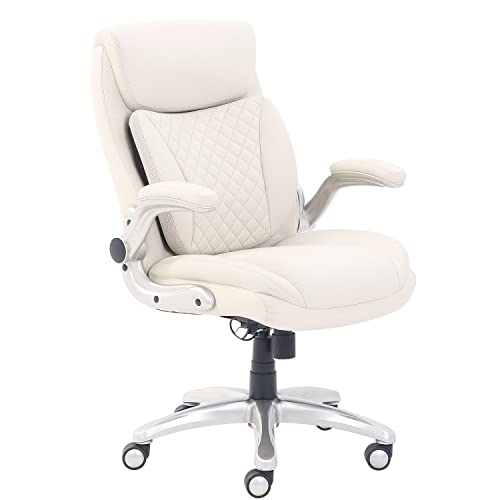 Amazon Basics Ergonomic Executive Office Desk Chair with Flip-up Armrests and Adjustable Height, Tilt and Lumbar Support, Cream Bonded Leather, 29.5"D x 28"W x 43"H (Previously AmazonCommercial brand)
