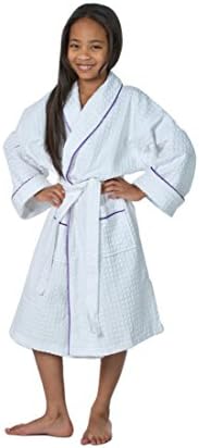THIRSTY Towels Children's Turkish Cotton Waffle Robe for Boys and Girls (A 14-16, White/Lilac Trim)