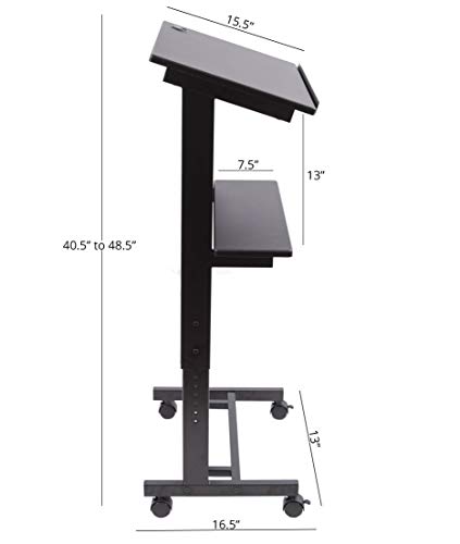 Stand Up Desk Store Mobile Adjustable Height Lectern Podium, Heavy Duty Steel Frame (Black Frame/Black Shelves)