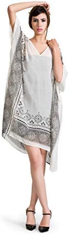 Indian Textile Arts Printed Polyester Short Kaftans for Women- White