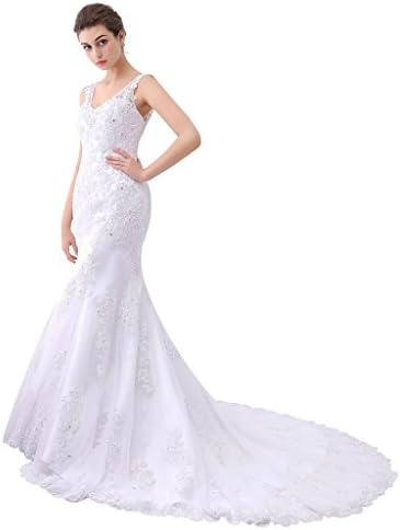 Ubridal 2016 V-neck Mermaid Lace Appliques Beaded Court Train Wedding Dress 14,White