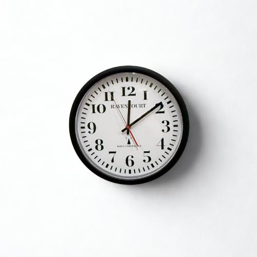 Ravencourt Radio Controlled Analogue Clock ¦ For Schools, Hospitals, Offices And Homes ¦ High Contrast Numbers ¦ Battery Powered ¦ Black Rim With White Face ¦ Medium - 30cm face