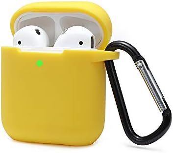 Case Cover Compatible with AirPods 2 & 1, Silicone Shockproof Case Cover for Airpods 2 &1 Front LED Visible Extra Protection with Carabiner, Yellow