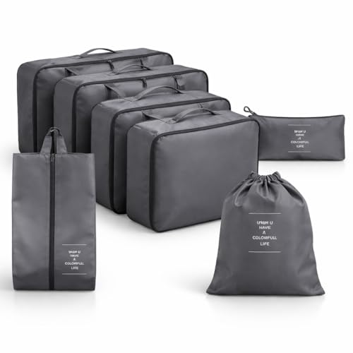 Kit Organizador de Mala 7 Peças com Zíper Duplo e Malha Respirável – Organizadores de Viagem para Roupas, Calçados e Acessórios – Conjunto Compacto e Impermeável