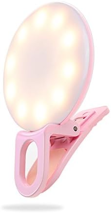 Selfie Ring Light, Clip-on Selfie Light with USB Charging Cable, Warm and Cold LEDs, for Smartphone Tablet Laptop-White (Pink)