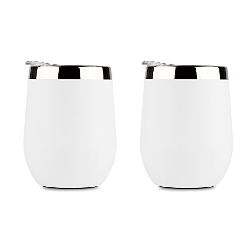 DOKIO Wine Glasses With Stainless Steel Straw 12oz Sippy Cup Tumbler White Stemless Double Wall Vacuum Insulated With Lid Unbreakable For Ice Hot Drink Coffee Champagne Cocktail Mug 2 Sets
