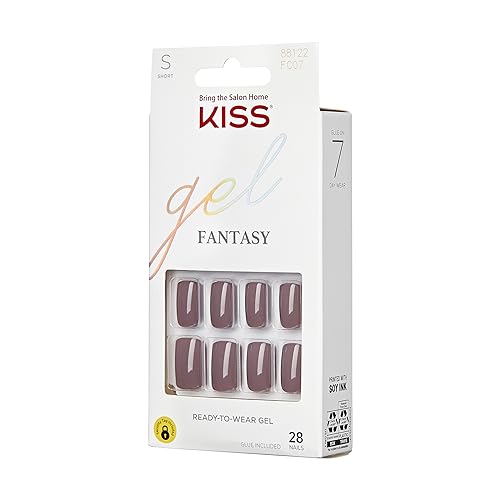 KISS GEL FANTASY READY-TO-WEAR FAKE NAILS, SHORT, SQUARE – TEMPORARY FEELS, SMUDGE PROOF, WATERPROOF, NO DRY TIME, DURABLE, FLEXIBLE, DIY MANICURE, SALON QUALITY, LONG LASTING | 28 COUNT