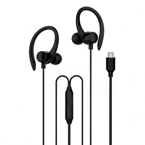 Fone de Ouvido Esportivo com Fio USB Tipo C. Intra-Auricular com Gancho, Microfone Integrado e Controle de Volume – Ideal para Corrida, Academia e Caminhadas (Preto, USB-C)