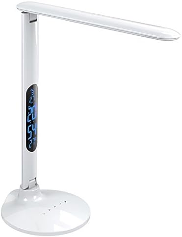 Imesun 10W Dimmable LED Desk Lamp,LCD Screen with Calendar,alarm clock,temperature display,Touch-sensitive USB Rechargeable,Adjustable Arm Portable,3 Lighting Modes and 5 Dimming Level.(White)