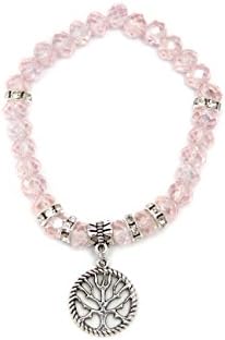 Gemstone Tree of Life Lucky Charm Stretch Bead Bracelet Women Kids Wrap Bangle With Charms Round Layered (Pink)