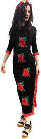 Red poppies embroidered ukrainian black dress traditional vyshyvanka vishivanka with red lace (Medium)