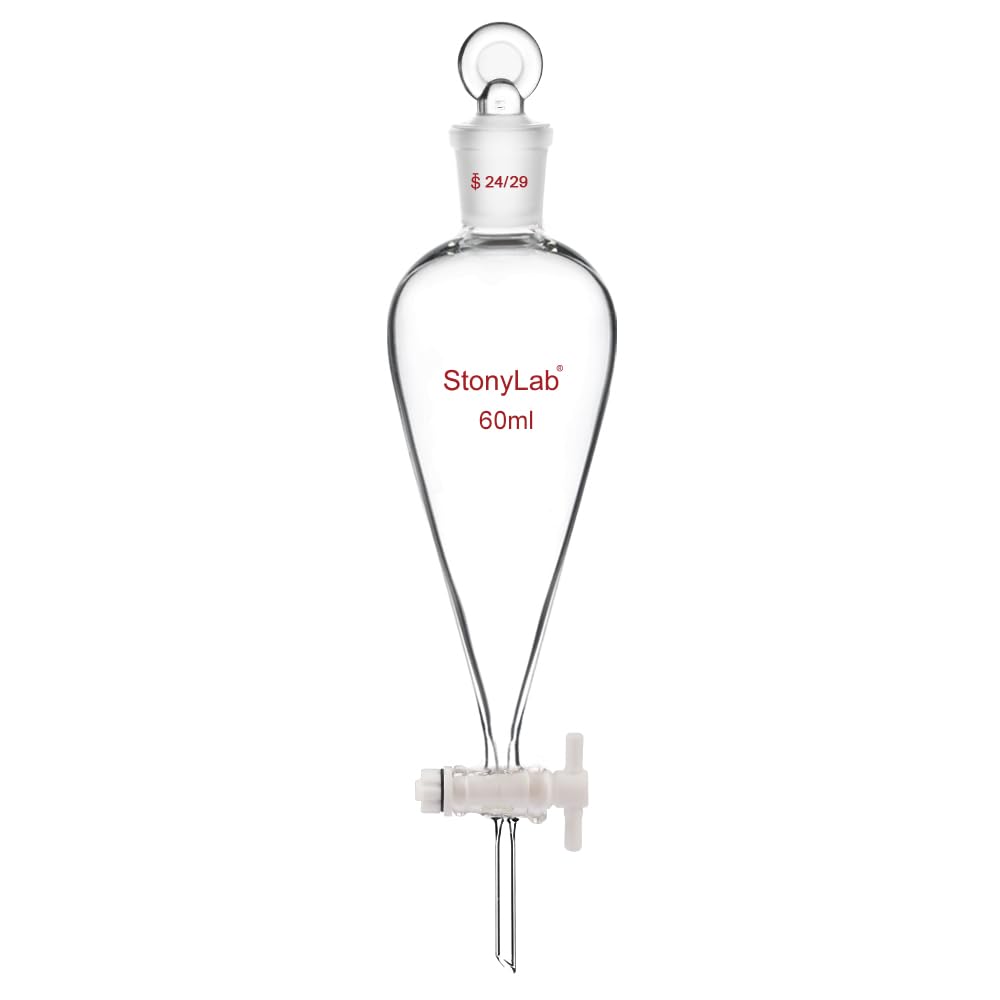 stonylab PTFE Stopcock Separatory Funnel, Borosilicate Glass Heavy Wall Conical Pear-Shaped with 24/29 Joint, 60 ml for Liquid-Liquid Extraction, Separation, and Laboratory Applications