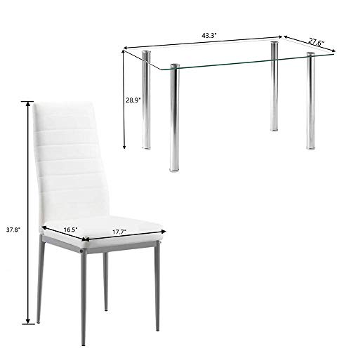 JOYBASE 5 Piece Dining Table Set, Tempered Glass Top Table with 4 Leather Chairs, Kitchen Dining Room Furniture, White
