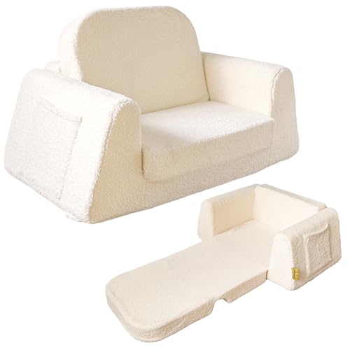 BanaSuper 2-in-1 Convertible Children's Sofa Bed, Folding Armchair for Babies, Armchair for Children, Widened Base, Removable Washable Cover, Gift for Boys Girls in Yellowish Beige