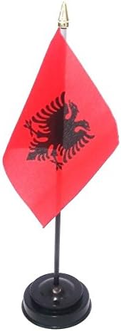 Albania New Desk Table Flag with Black Plastic Flat Base + 59mm Button Badge