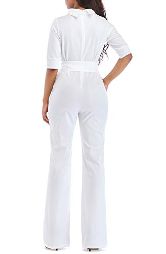 KISSMODA Womens Elegant Wide Leg Work Jumpsuits Long Fitted Romper Pants Half Sleeve with Belt (Large, D-White)