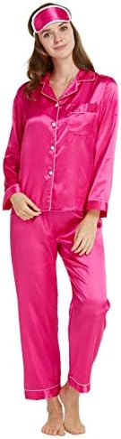 TIMSOPHIA Satin Pyjama Set for Women - Silk Button Down Pyjama, Solid Color Long Sleeve Nightwear Sleepwear Loungewear with Mask