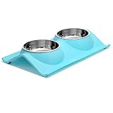 UPSKY Double Dog Cat Bowls Premium Stainless Steel Pet Bowls No-Spill Resin Station, Food Water Feeder Cats Small Dogs (Sky Blue)