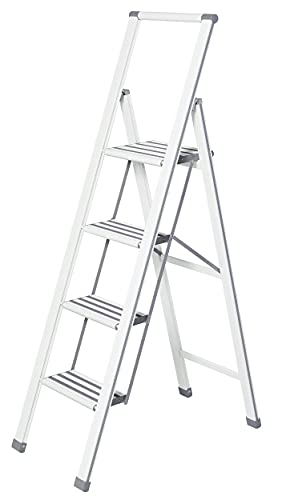 WENKO Leichte Aluminium Trittleiter mit 4 Stufen für 100 cm höheren Stand, rutschsichere XXL-Stufen, Design Klapptrittleiter, TÜV Süd Zertifiziert, 44