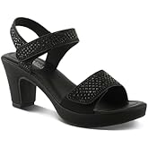 PATRIZIA Women's SHINE Hook and Loop Platform Heels - Microsuede Upper, Crystal-Adorned Straps, Adjustable Fit