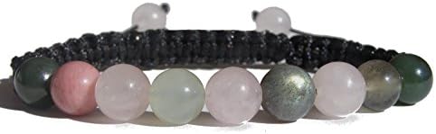 ZENstore Heart Chakra Healing Yoga Shamballa Bracelet Natural Gemstones size 0.3" 8mm Rose Quartz Rhodonite Green Fluorite Green Jade Serpentine Labradorite Love Compassion Happinesse